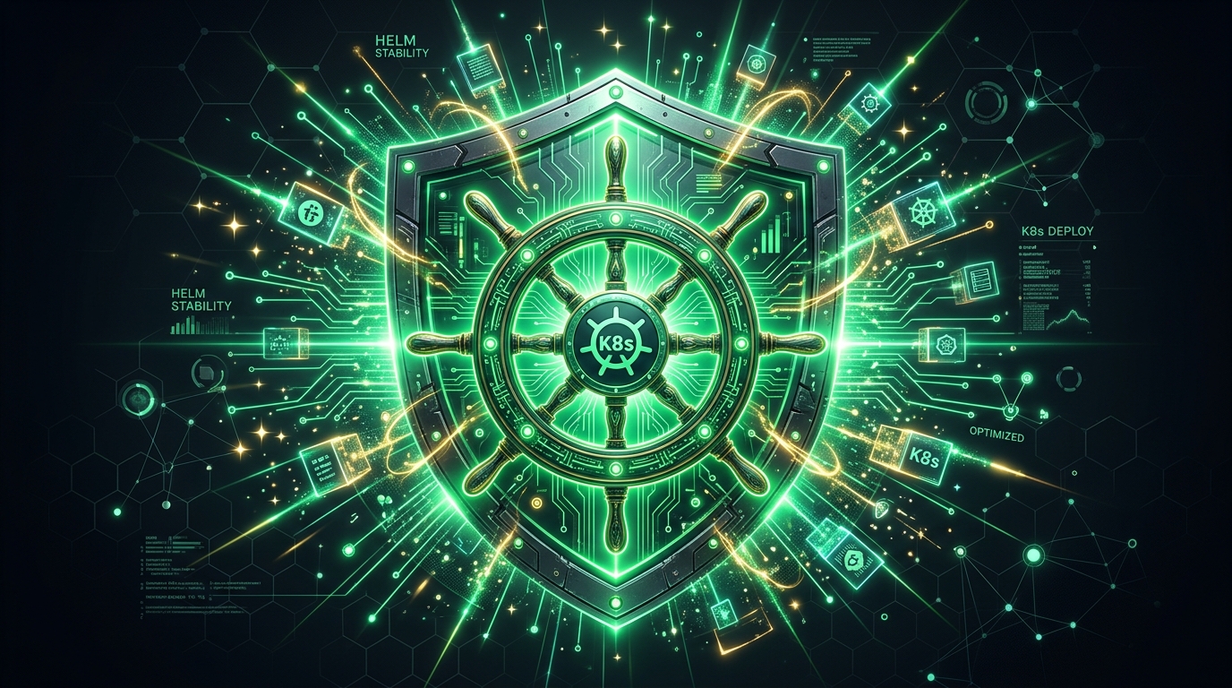 The Helm & Cyber Defense Shield Crucible representing container security and Helm deployment stability in Kubernetes