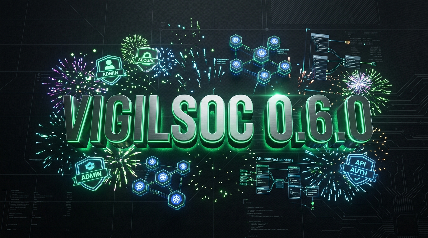 VigilSOC 0.6.0 Milestone Hero Banner with celebratory digital fireworks, API schemas, and Kubernetes cluster nodes