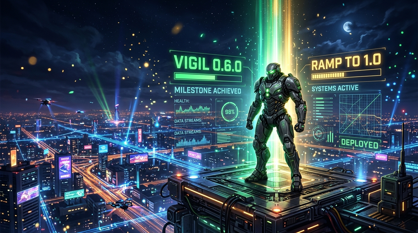 Autonomous cyber sentinel overlooking a digital network city with a celebratory milestone beacon pointing toward v1.0.0