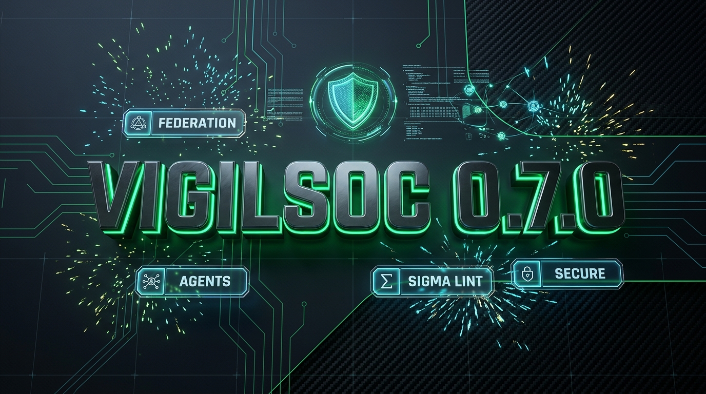 Tech and agent themed VigilSOC 0.7.0 banner with a circuit grid background, neon green glow, and badges for Agents, Sigma Lint, Federation, and Secure